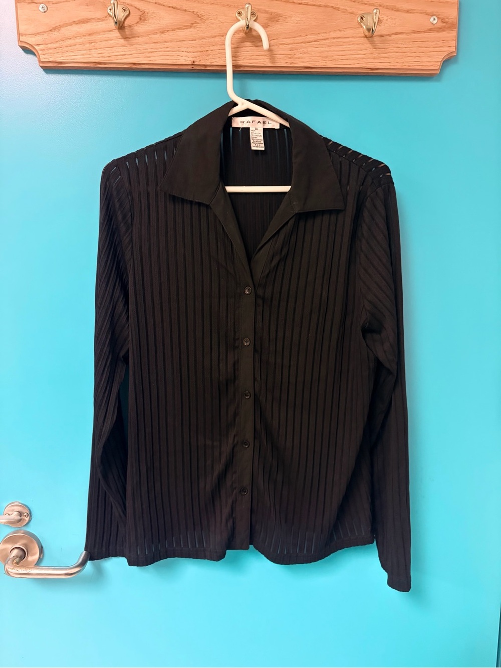 Rafael Black Ribbed Sheer Long-Sleeve Button-Up Shirt Size XL